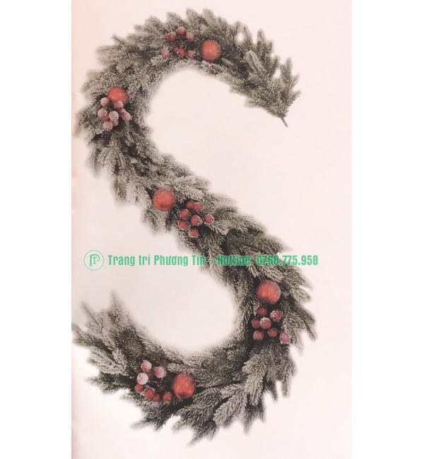 Dây trang trí nhánh PE 5 lá phủ tuyết có trang trí