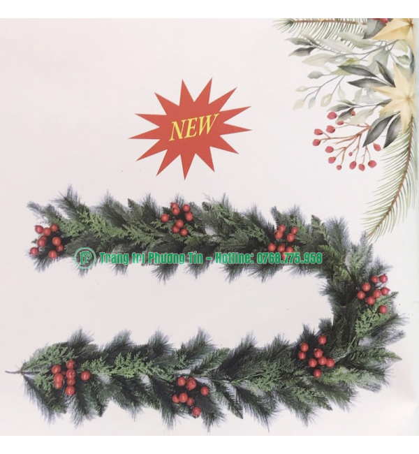 Dây trang trí 4 loại lá gắn trái đỏ