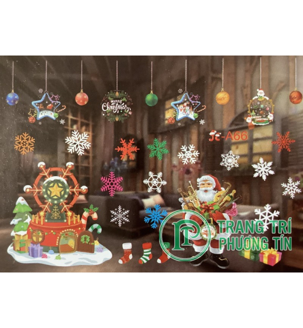 Decal dán kính có màu ông già Noel, hoa tuyết, thông