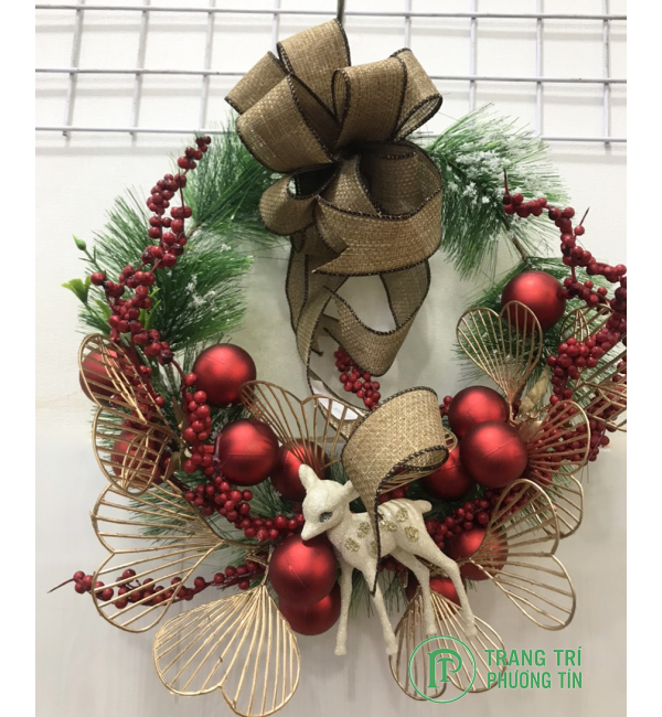 Vòng nguyệt quế nơ và quả châu màu đỏ