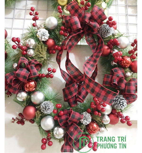 Vòng nguyệt quế nơ và quả châu màu đỏ