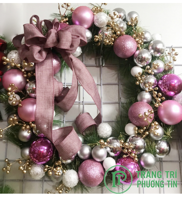 Vòng nguyệt quế nơ hồng quả châu hồng trắng