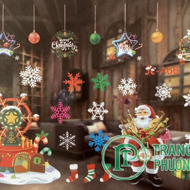 Decal dán kính có màu ông già Noel, hoa tuyết, thông