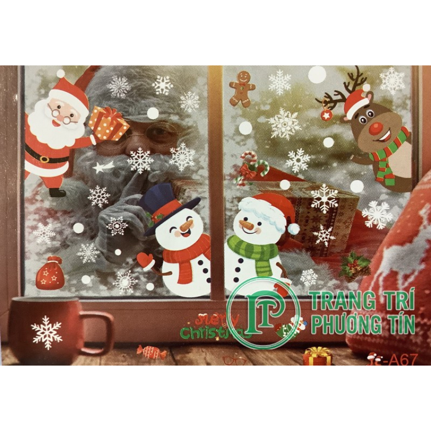 Decal dán cửa 2 bên người tuyết và Santa